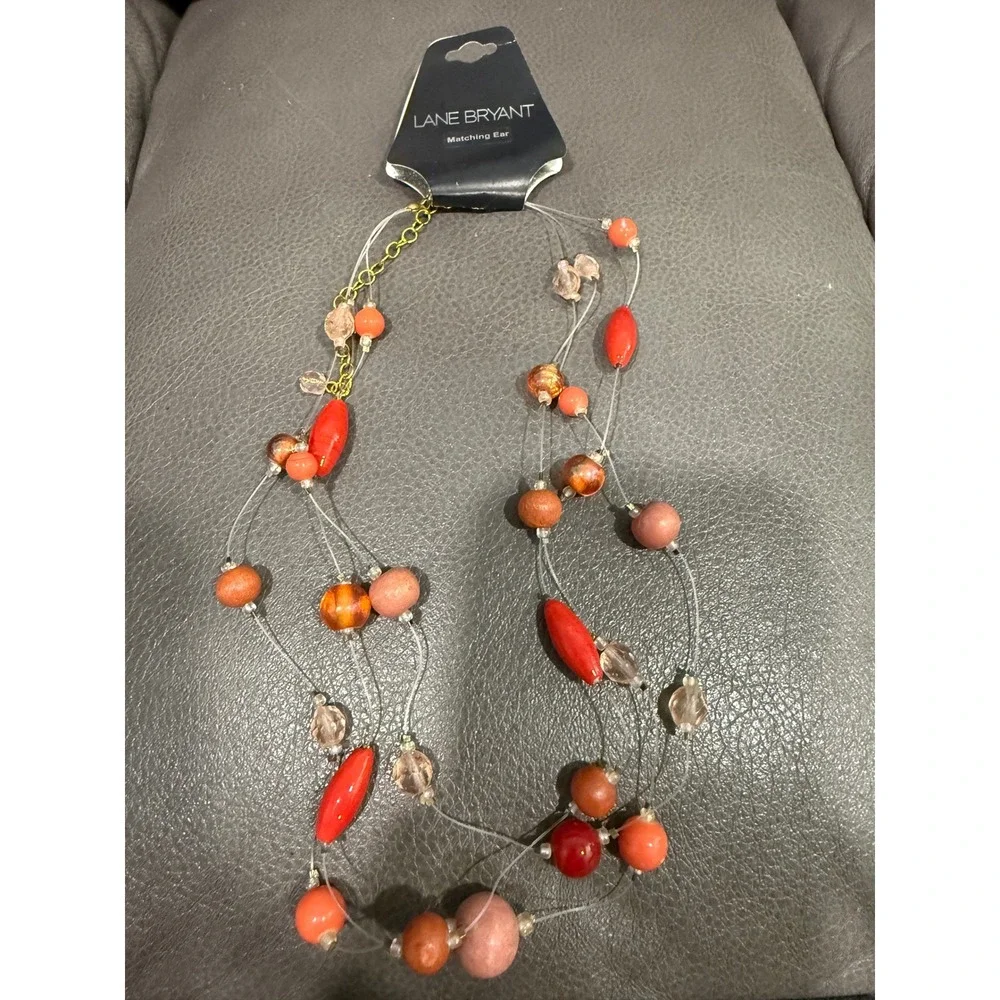 Lane Bryant Red Orange Coral Multi Strand Illusion Necklace and Drop Earring Set